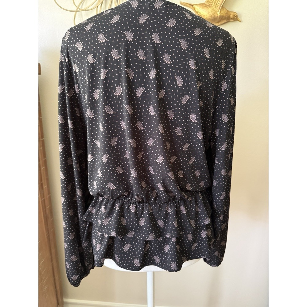 Gilli Peplum Blouse Womens L Black Pink Paisley Polka Dot V Neck Long Sleeve - Picture 5 of 9